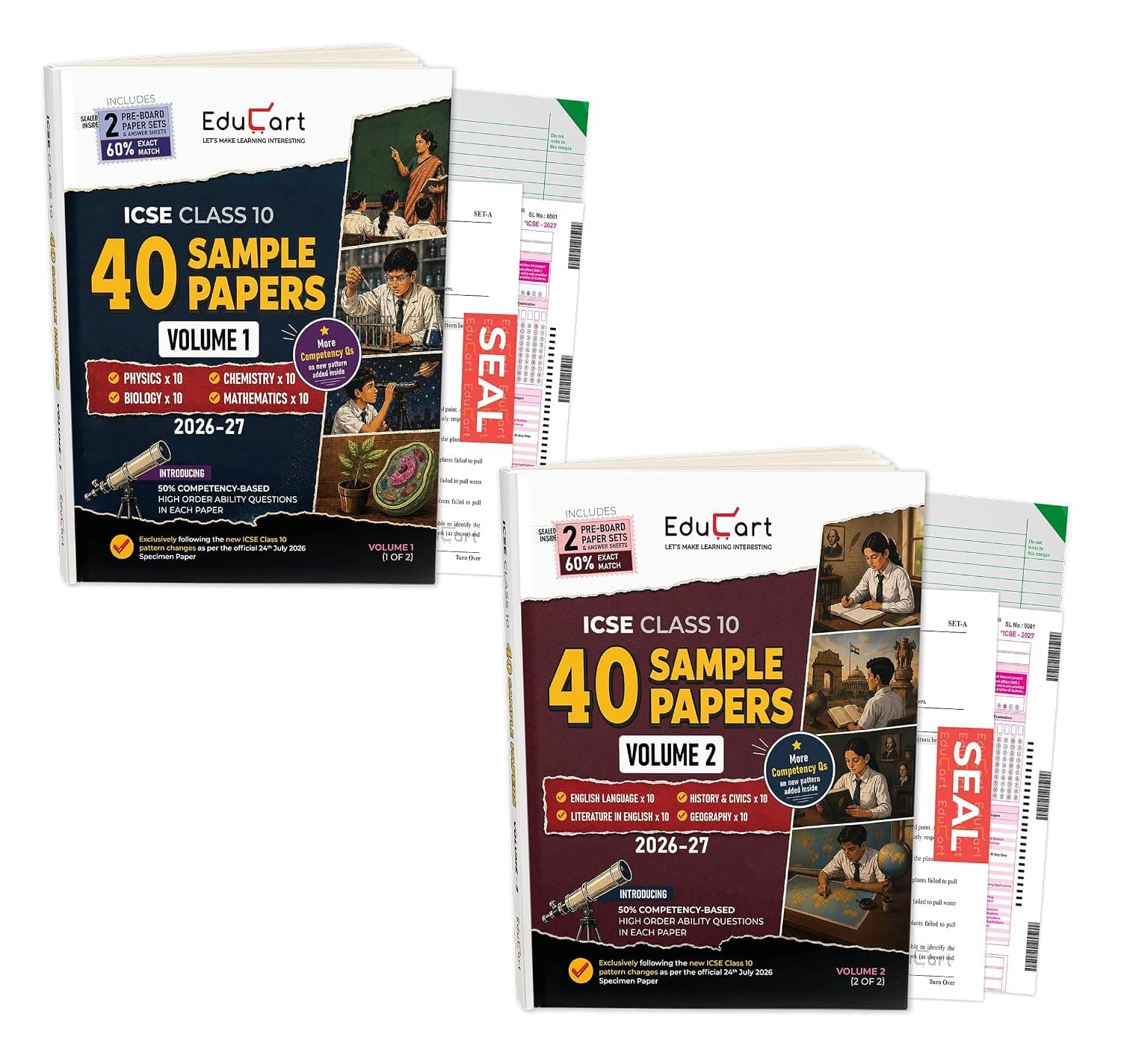 Cover of Educart ICSE Class 10 Sample Papers 2027 (Set of 8 Subjects Books) – Physics, Chemistry, Biology, Mathematics, History & Civics, Geography, English ... High Ability Questions in Each Paper)